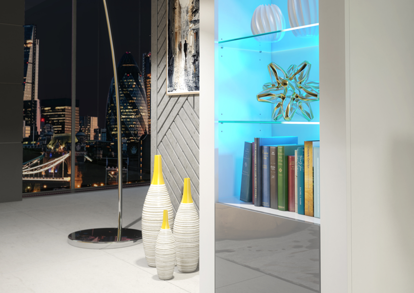 Mex Furniture 170cm Modern Display Cabinet – Grey High Gloss Doors