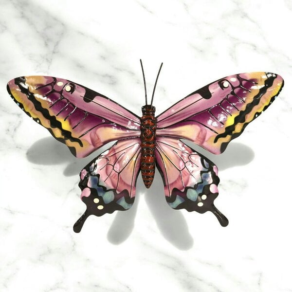 EDH Door Hardware Medium Metal Pink Butterfly Wall Art – 24 x 37 x 1 CM | Hand-Painted 3D Butterfly Decoration | Weatherproof Metal Wall Décor