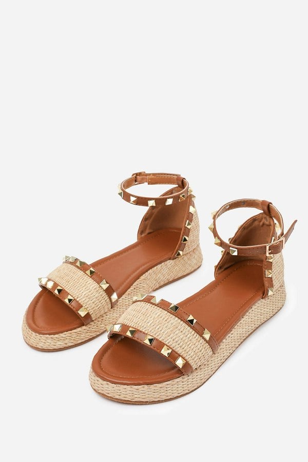 Where's That From Aviva Studded Gladiator Braided Strap Espadrille Flatform  in Tan Faux Leather