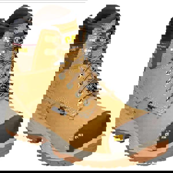 Caterpillar Spiro Mens Steel Toe/Midsole S3 Work Safety Boots, tan with black toe cap and yellow CAT logo, featuring waterproof material and steel toe protection.