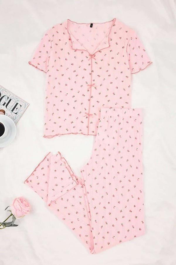WOVCOR 2-Piece 100% Cotton Floral Ribbon Knit Pajama Set