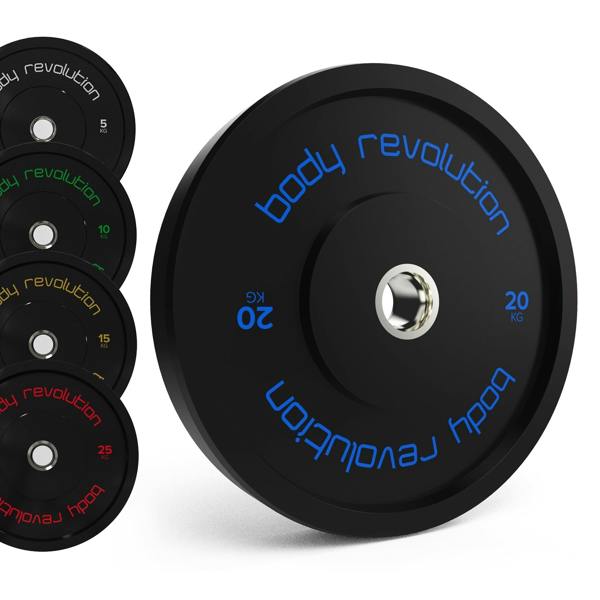 Body Revolution Olympic black bumper plate bundle featuring 20kg, 25kg, and 15kg weights with vibrant blue and green lettering