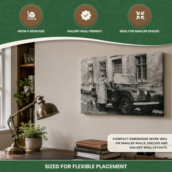 Churchill with Series 1 Land Rover Canvas Print (c.1954), Black and White Wall Art on Wooden Frame, Indoor Use Only