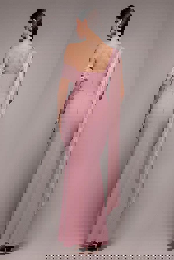 Lurex Pleated Bardot One Shoulder Cape Maxi Dress - Blush Pink DR4984QZ