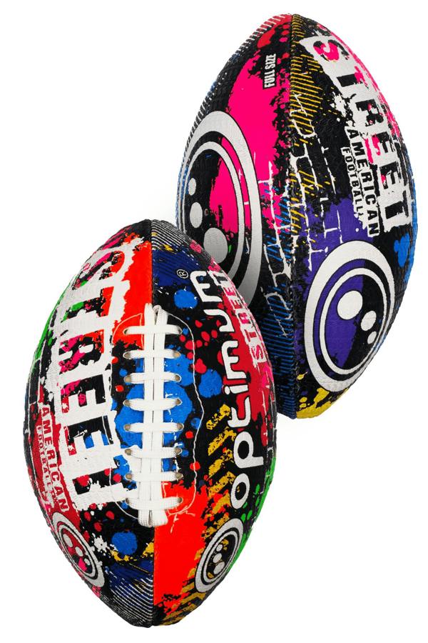 Two Optimum Street American footballs with graffiti print showing both printed sides - Optimum