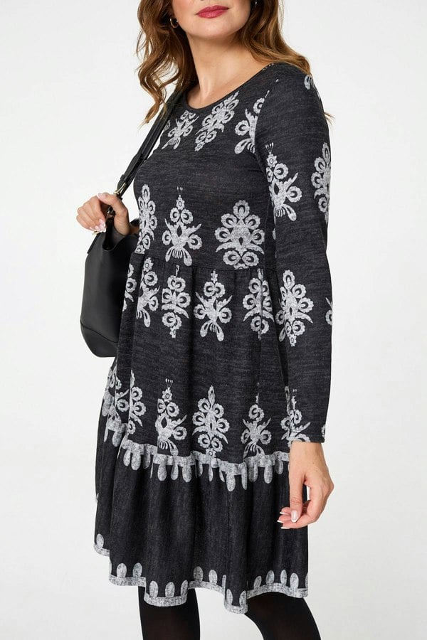 Grey | Printed Knee Length Long Sleeve Dress
