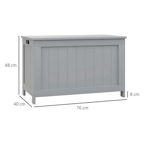 Grey storage chest front view with hinged lid and vertical paneling