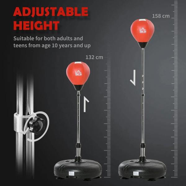 Adjustable punching bag stand with red inflatable ball and black base, two height positions