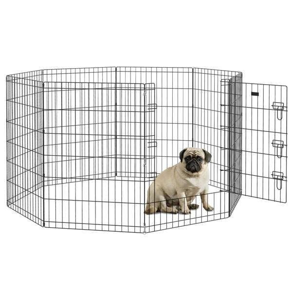 Black metal wire dog pen playpen with hinged door panels and latch hardware