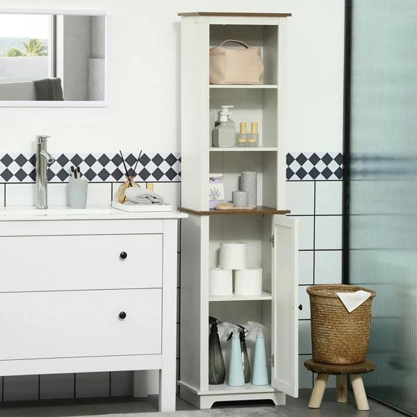 White tall bathroom storage cabinet with open shelves and closed lower door