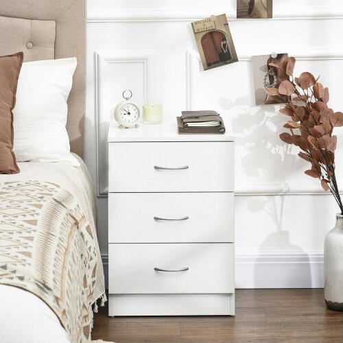 Wyld Haus Yotose White Wood 3 Drawer Bedside Table with Silver Metal Handles