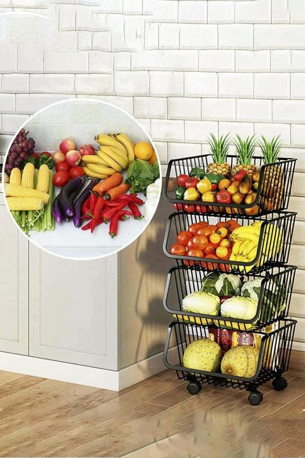 Living and Home 4-tier Detachable Rolling Metal Wire Basket Trolley Rack Stackable Fruit Vegetable Storage Holder Kitchen