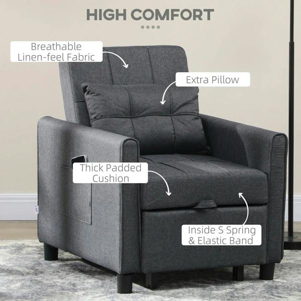 Grey upholstered sofa chair bed with thick padded cushion and extra pillow
