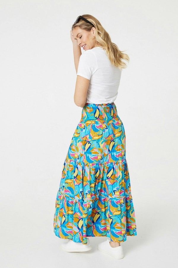 Blue | Abstract Shirred High Waist Maxi Skirt
