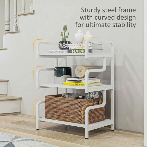 White 3-tier printer stand with curved steel frame and open storage shelves