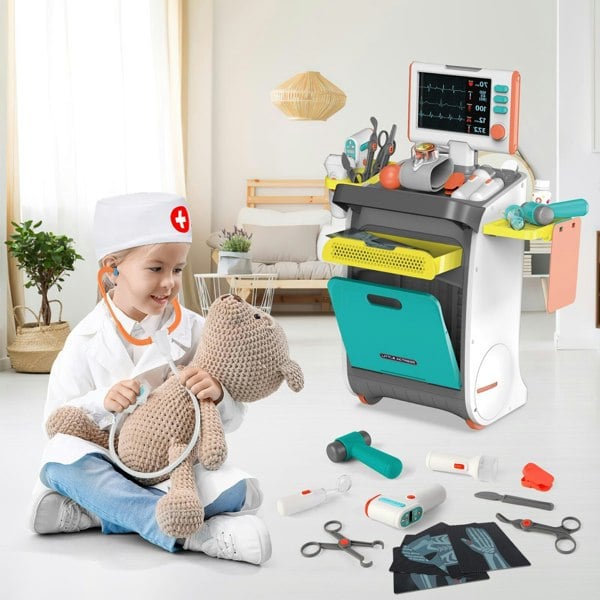 deAO Toys Doctor Kit for Toddlers, Kids Pretend Medical Station Set with Mobile Cart, Height Measuring Rod, Thermometer, Stethoscope