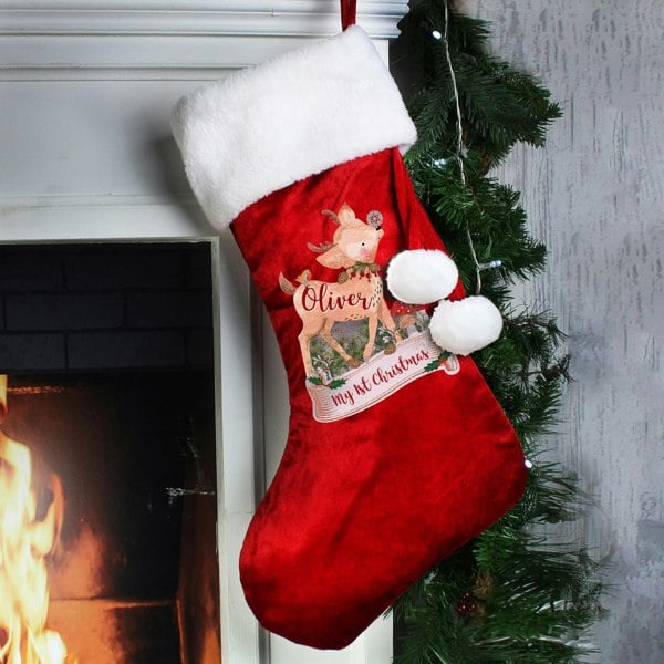 Personalised Memento Company Personalised Festive Fawn Luxury Red Stocking