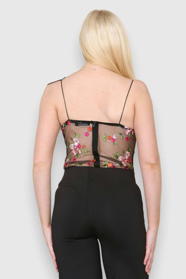Elaina Fashion Women's Black Sexy Transparent Mesh Floral Embroidered Bodice S