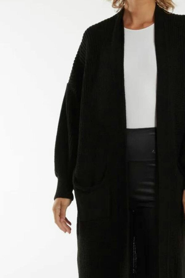 Hoxton Gal Oversized Long Sleeves Midi Knitted Cardigan with Pocket Details in Black
