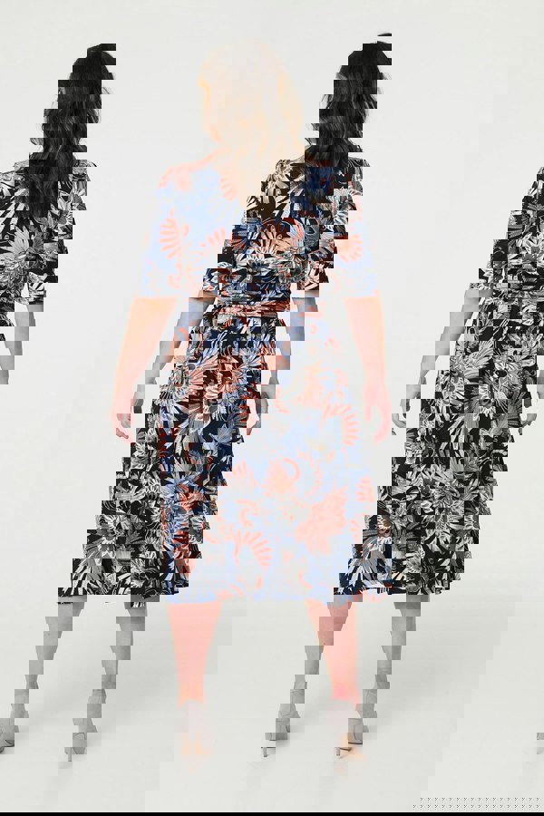 Navy | Tropical Print 1/2 Sleeve Midi Wrap Dress