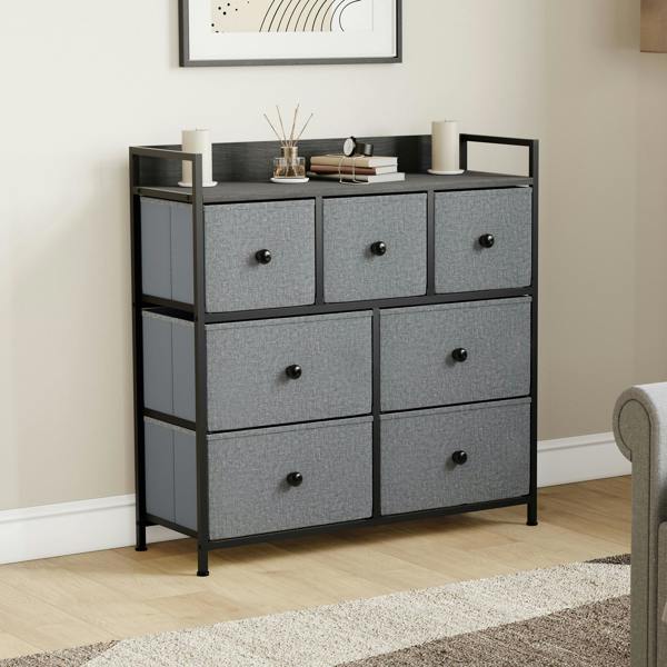 Vida Designs Chorley 7 Drawer Fabric Drawer Chest, Beige & Grey Wood