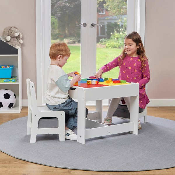 Liberty House Toys Kids Wooden Activity Table and Two Chairs with Grey Storage Bins