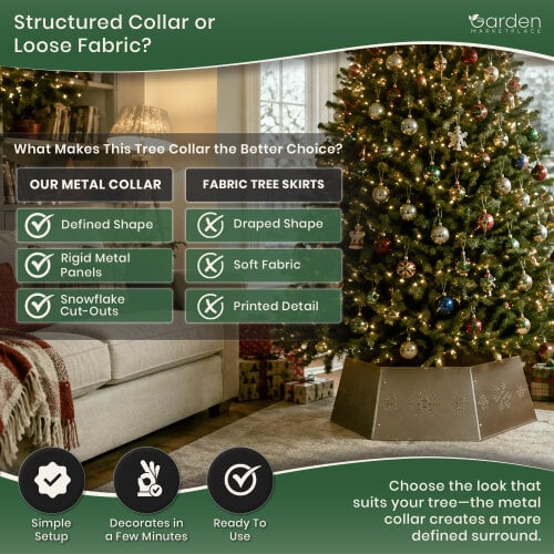 Hexagon Zinc Metal Christmas Tree Collar Stand Cover with Snowflake Pattern, Easy Screw-Together Design, Fits 1.5–2.6m Trees, 68cm x 25cm