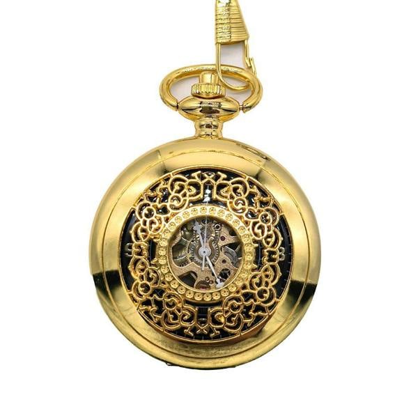 Infinity Leather Antique Brass Alloy Skeleton Half Hunter Pocket Watch