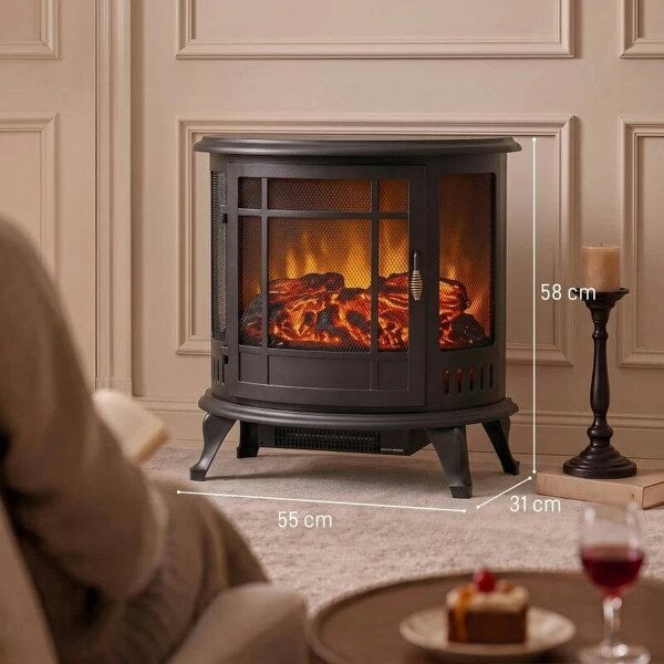 Electric Fireplace Stove, Freestanding Electric Fire Heater with Realistic LED Flame, 2000W, Black