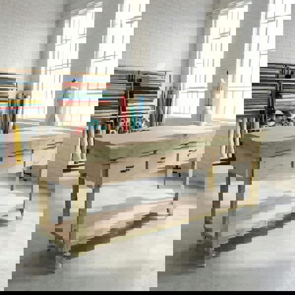 Wooden eucalyptus Top Workbench – Mobile Tool Cabinet with Drawers and Wheels, Ideal for Dry Indoor Spaces Such as Garages, Workshops, and Studios.