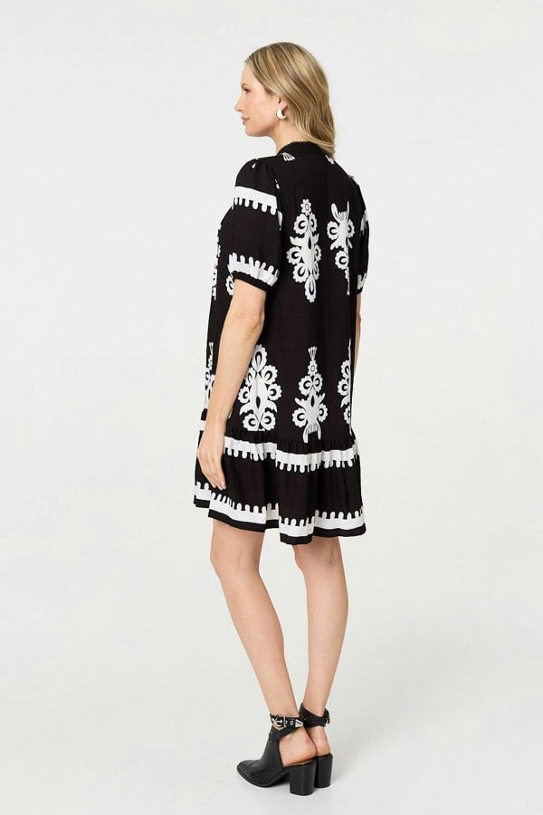 Black | Printed Lace Trim Relaxed Short Shirt Dress