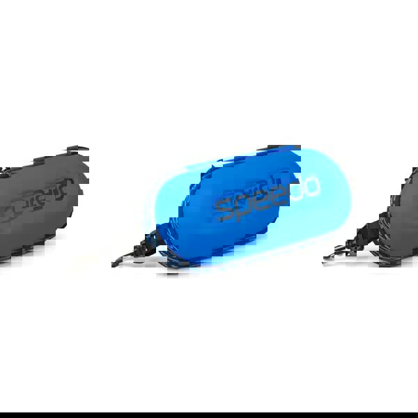 Blue Speedo goggle storage case with black logo and strap