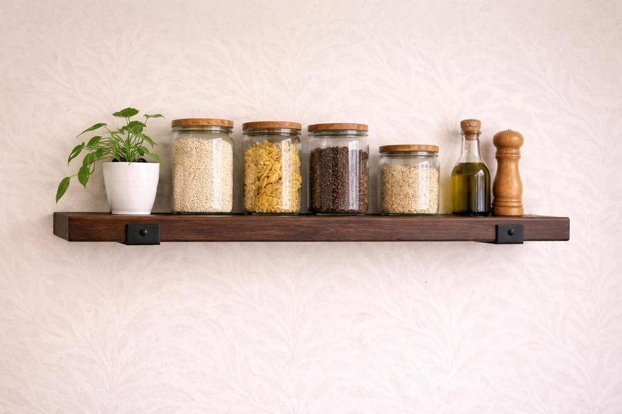 Vintage pine reclaimed scaffold board shelf styled in kitchen with jars and plant