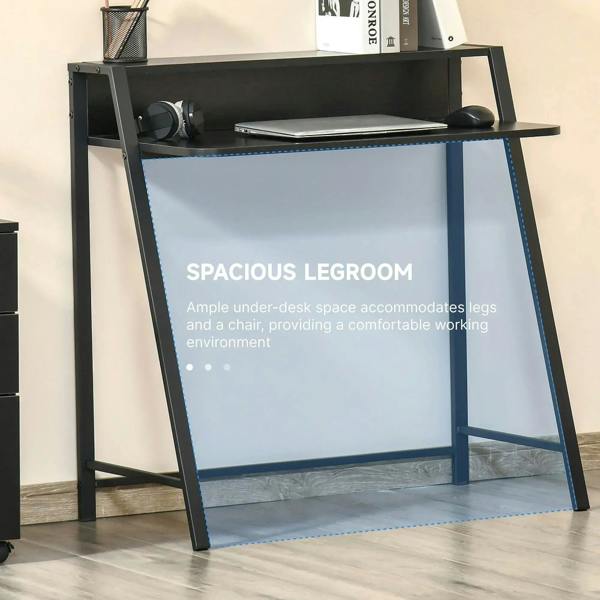 Black two-tier desk with under-desk clearance and top shelf for books