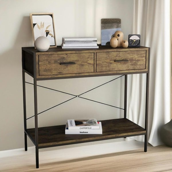 Rafaelo Mobilia 2 Drawer Industrial Console Table Dark Wood