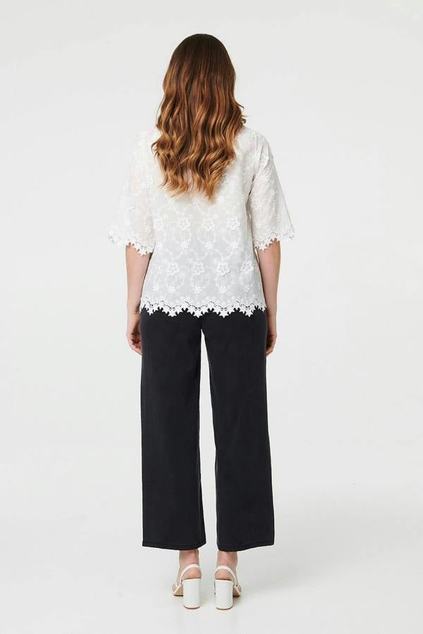 White | Floral Embroidered Lace 1/2 Sleeve Top