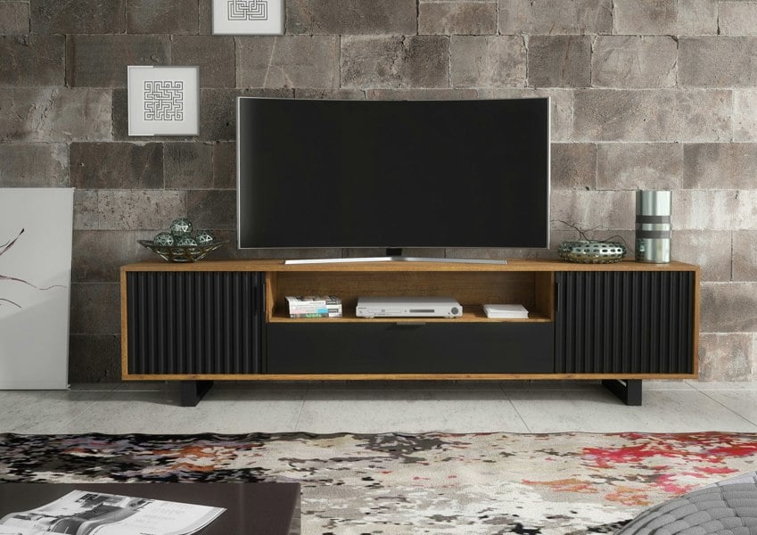 Mex Furniture Milled 200cm TV Unit with Oak Matt Body and Black Milled-Front Doors