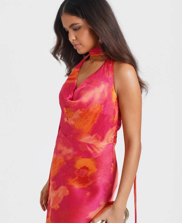 Needs No Label Pink Marble Scarf Neck Maxi Dress