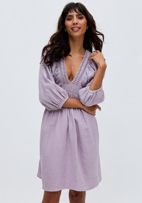 Soipoi Ruched V-Neck Mini Dress In Purple