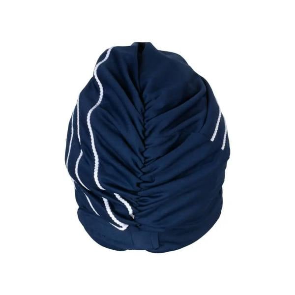 Navy blue piped fabric swim cap with white stripes and pleats, Gucci-inspired