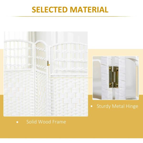 White room divider with solid wood frame and metal hinges, woven privacy panels