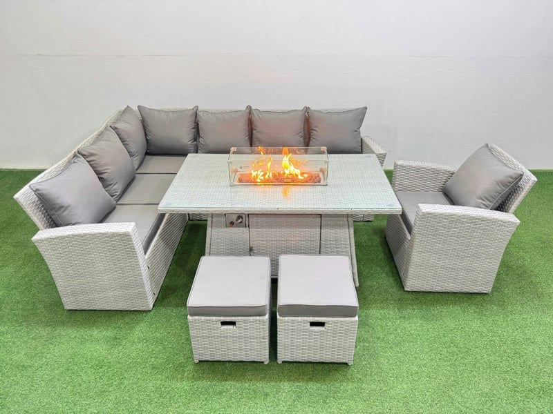 Fimous 9 Seat Rattan Garden Furniture Corner Sofa Set Outdoor Gas Fire Pit Table Sets with 2 Small Footstools Light Grey