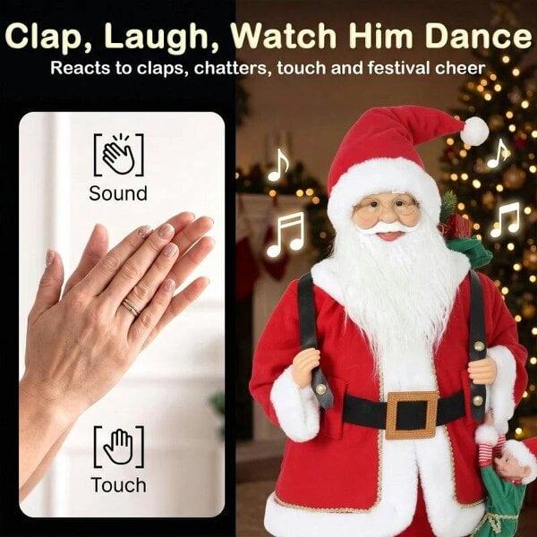 Bobobiy 4ft Singing Dancing Santa Claus, Standing Christmas Animated Santa Figure with Sack, Hanging Elf, Sound/Touch Activated