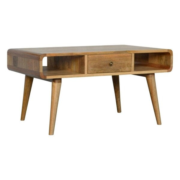 Wyld Haus Urbino Curved Oak Mango Wood Coffee Table 2 Side Drawers Open Shelves