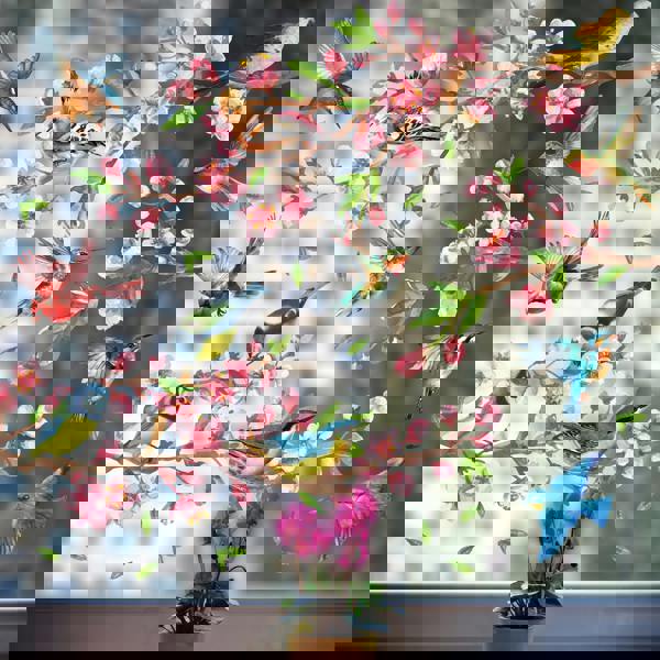 WALPLUS WSW6022 - Cherry Blossom Flowers Watercolour with Birds On The Branch Window Clings