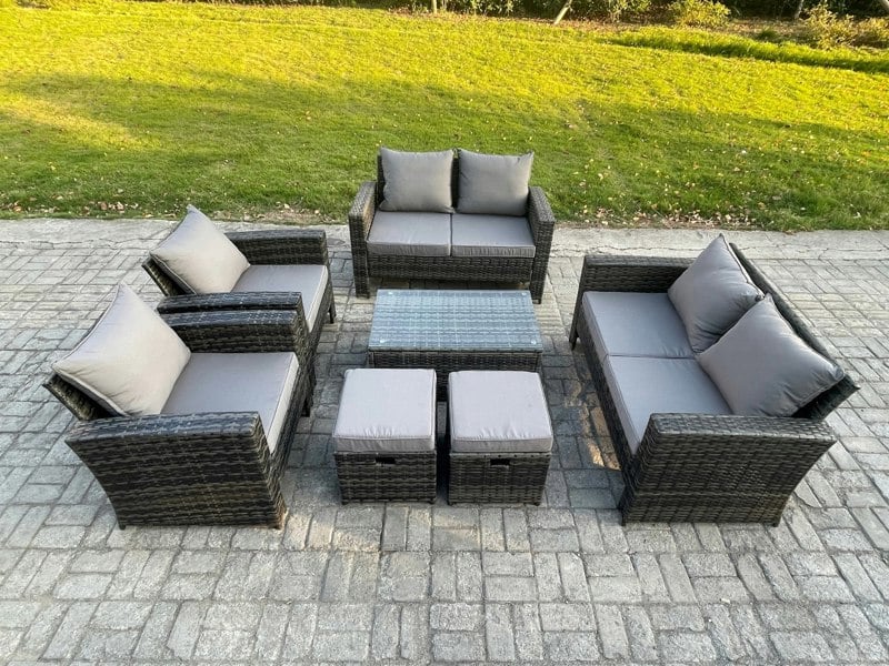 Fimous Garden Furniture Sets 7 Pieces Outdoor Rattan Furniture Manual Wicker Patio Sofa Chair Set with Coffee Table 2 Small Footstools Dark Grey Mixed