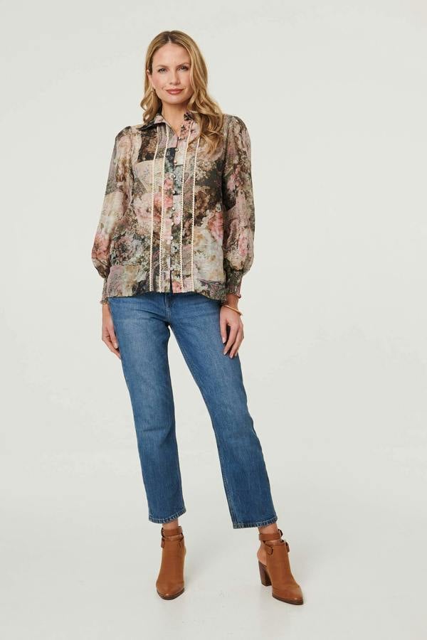 Sage | Floral Lace Trim Long Puff Sleeve Shirt