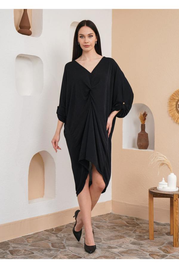 Hoxton Gal Oversized Twist Front Detailed Button Sleeve Mini Dress in Black Glitter