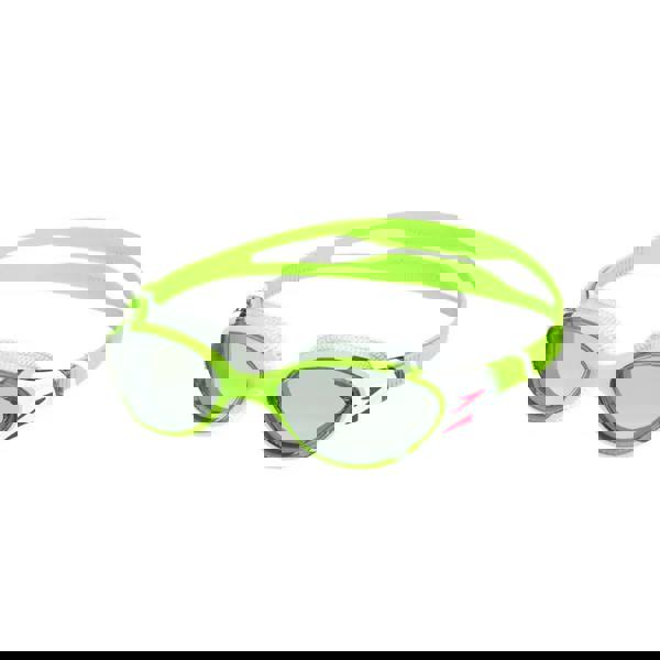 Neon green Speedo Biofuse swim goggle with clear lenses and push button