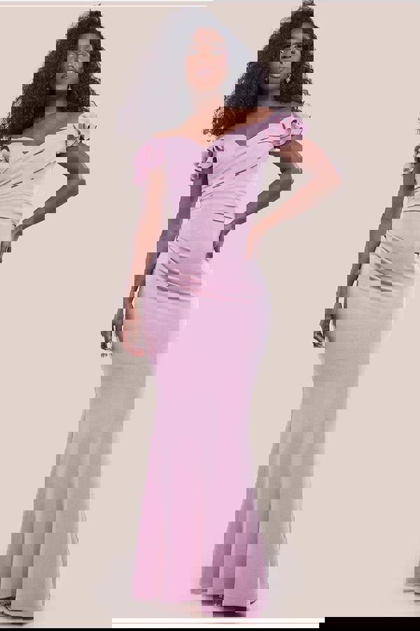 Frilled Off The Shoulder Scuba Maxi Dress - Rose Pink DR4293